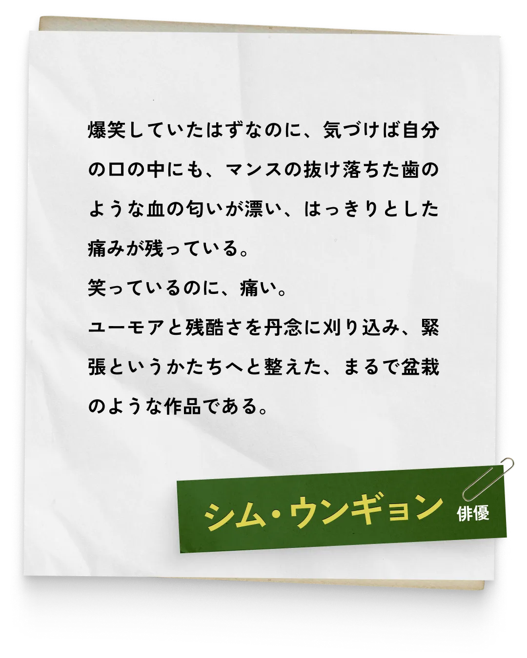 _シム・ウンギョン/俳優　爆笑していたはずなのに、気づけば自分の口の中にも、マンスの抜け落ちた歯のような血の匂いが漂い、はっきりとした痛みが残っている。笑っているのに、痛い。ユーモアと残酷さを丹念に刈り込み、緊張というかたちへと整えた、まるで盆栽のような作品である。